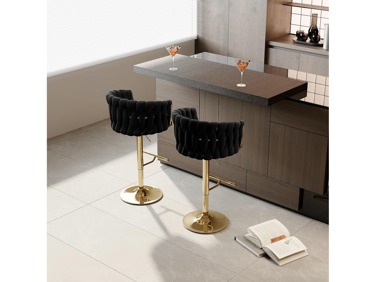 Lot de 2 Tabouret de Bar Réglable en Velours Chaise Bar Haute Tabourets de comptoir avec Pied Doré, Tabourets pour Bar/Cuisine, Noir