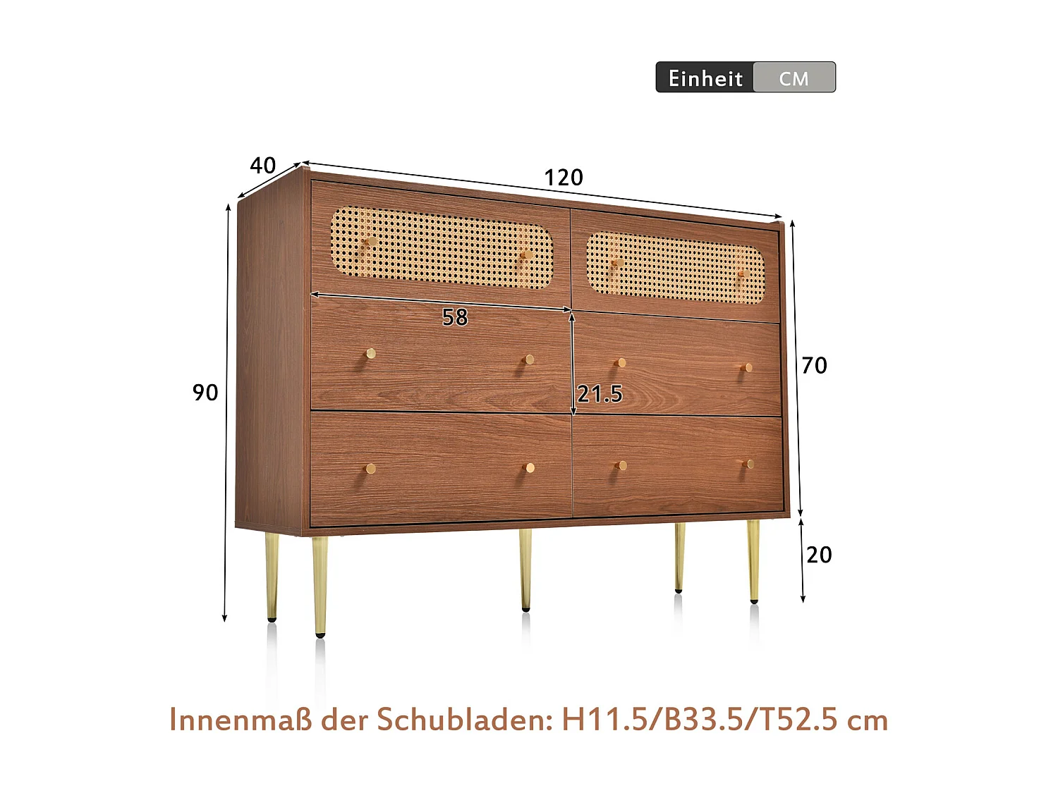 Commode à 6 tiroirs - Buffet en rotin - en Bois - avec poignées en métal - pour Chambre à Coucher, salon et Bureau - Noyer - 120 x 40 x 90 cm