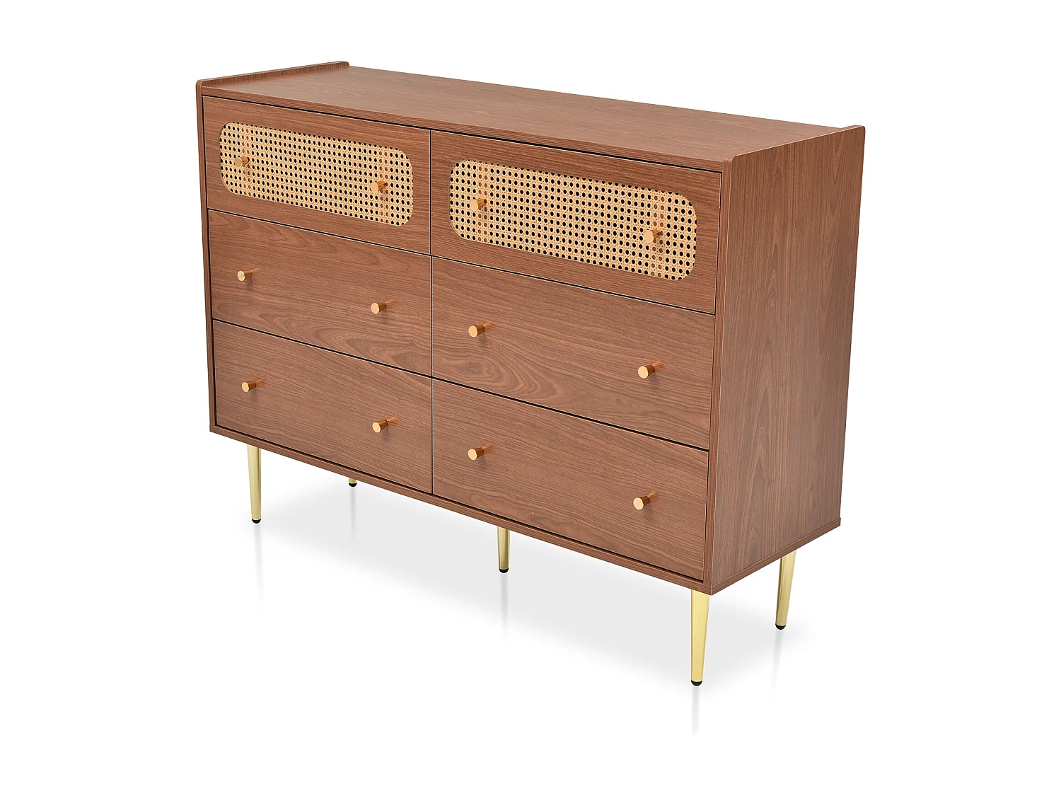 Commode à 6 tiroirs - Buffet en rotin - en Bois - avec poignées en métal - pour Chambre à Coucher, salon et Bureau - Noyer - 120 x 40 x 90 cm