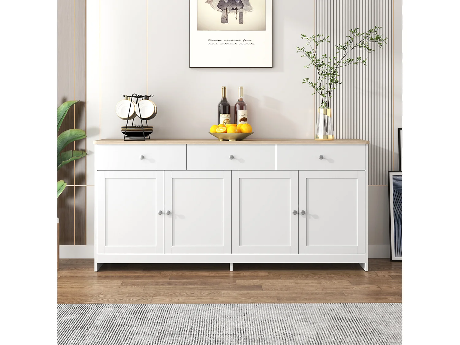 Modernes Sideboard mit 4 Türen und 3 Schubladen, Buffet für Esszimmer und Wohnzimmer, 160 x 37 x 75 cm - Antikweiß + Naturholz