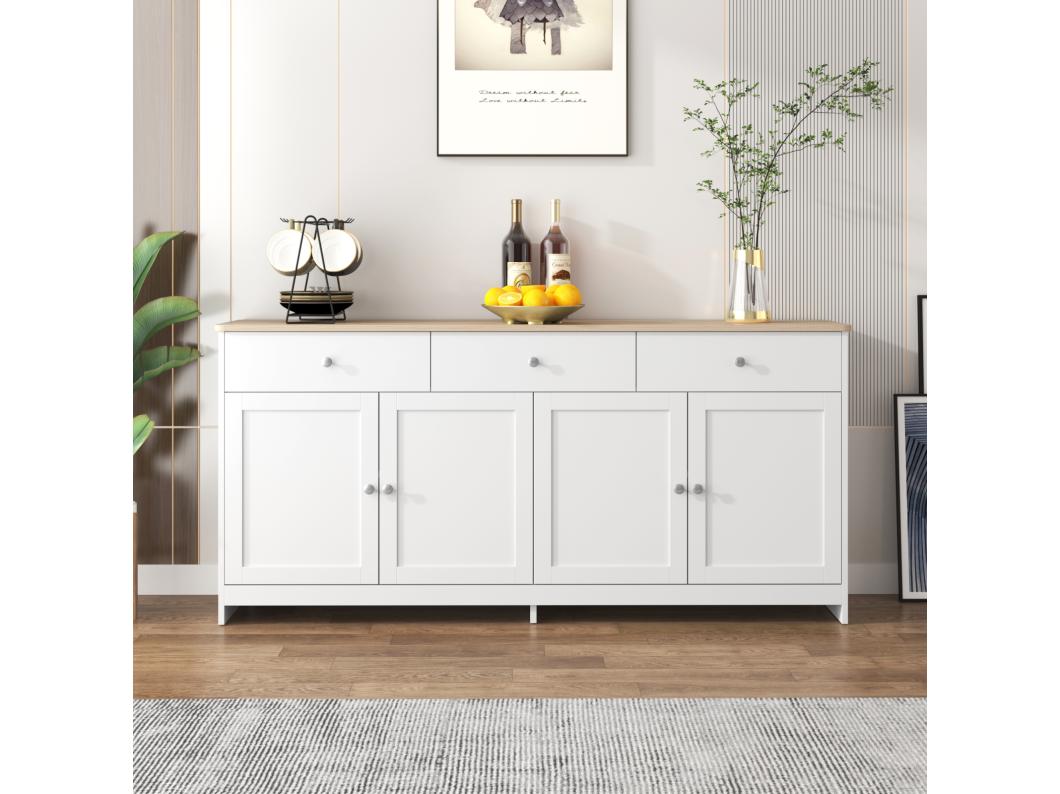 Aparador Moderno con 4 Puertas y 3 Cajones, Buffet para Comedor y Salón, 160 x 37 x 75 cm - Blanco Antiguo + Madera Natural