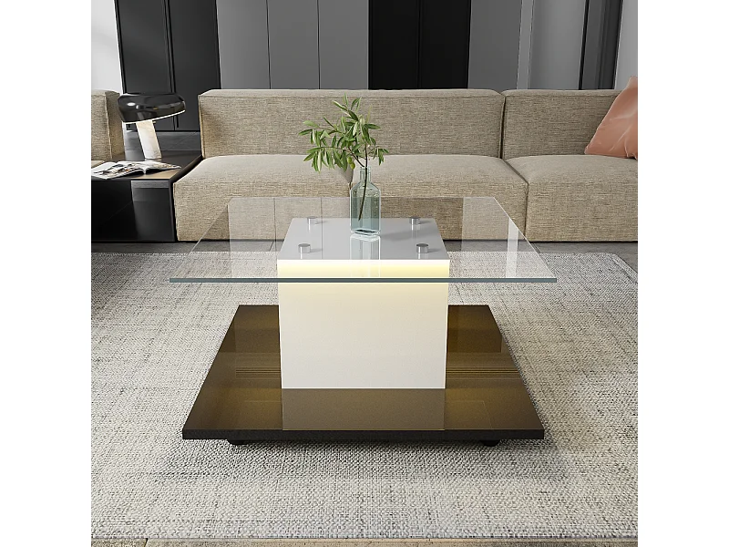 Quadratischer Couchtisch 80x80x40cm, glänzende Glasplatte, LED-Tisch mit Lenkrollen, Weiß+Schwarz