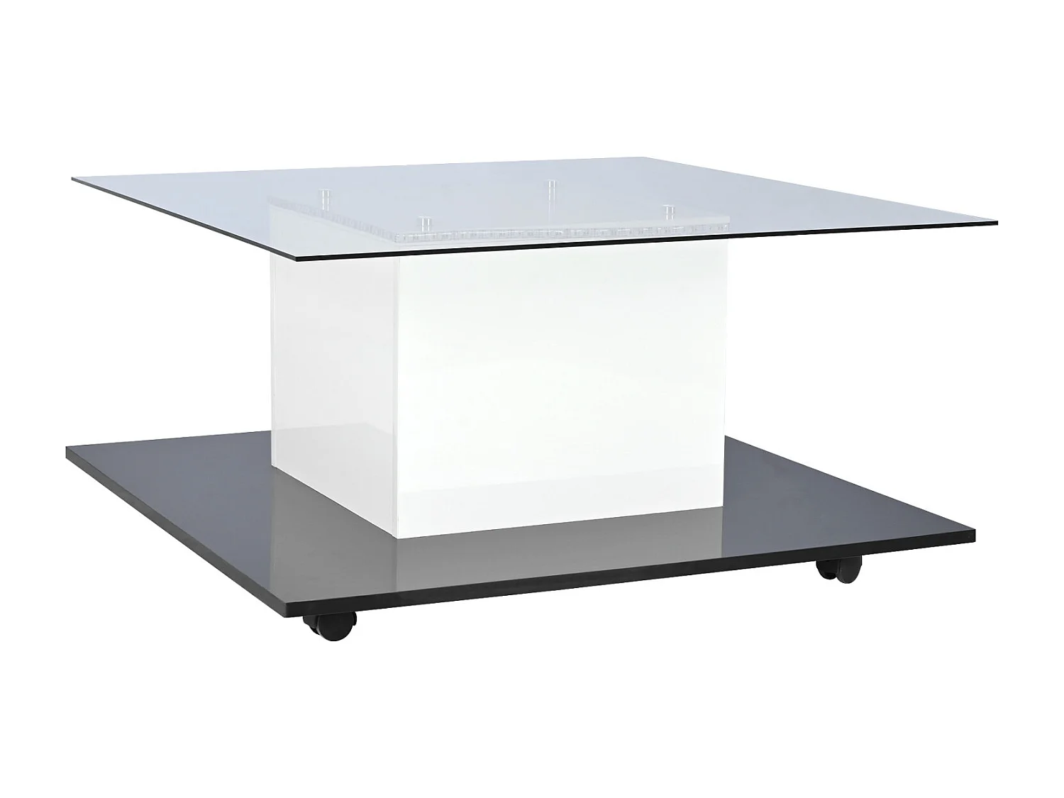 Mesa de centro quadrada 80x80x40cm, tampo em vidro brilhante, mesa LED com rodízios giratórios, Branco+Preto