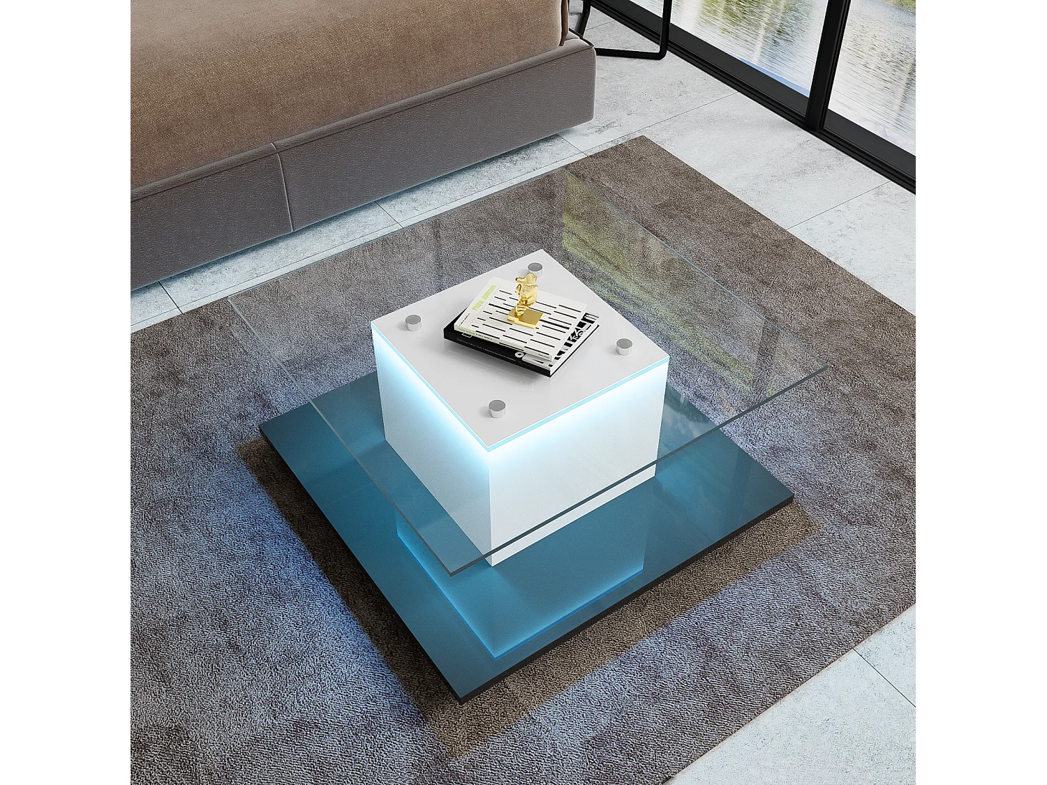Table basse carré 80x80x40cm, plateau en verre brillant, table LED avec roulettes pivotantes, Blanc+Noir