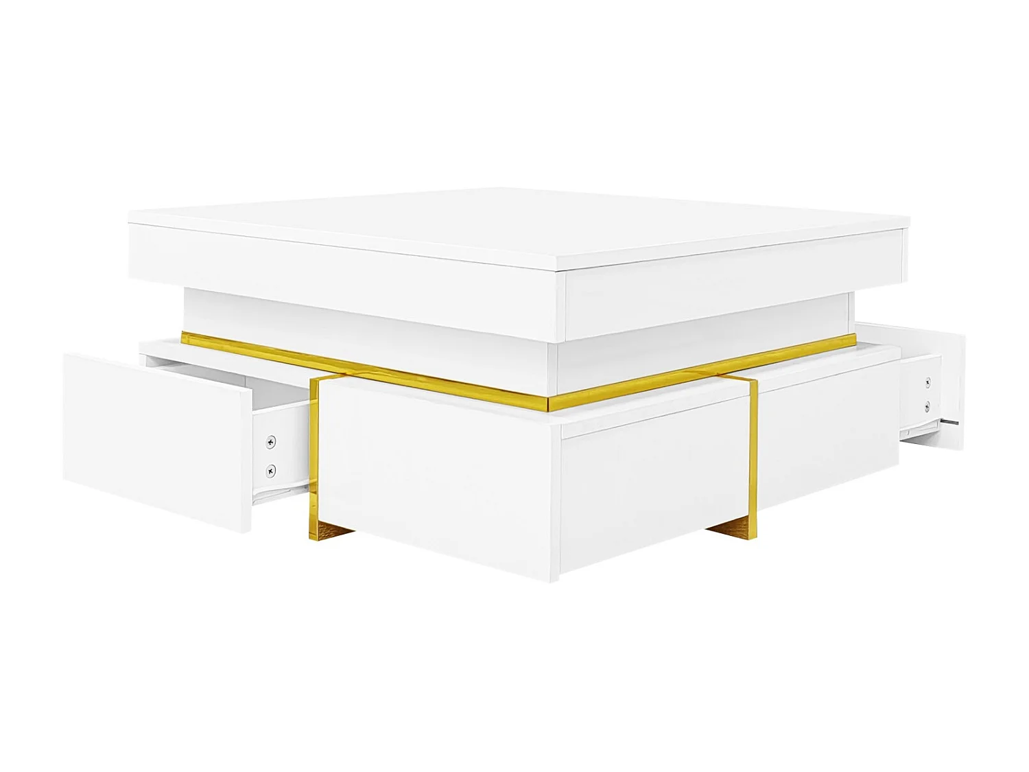 Table basse 70x70cmx35.5, table carré haute brillance avec tiroirs et accents dorés, blanc