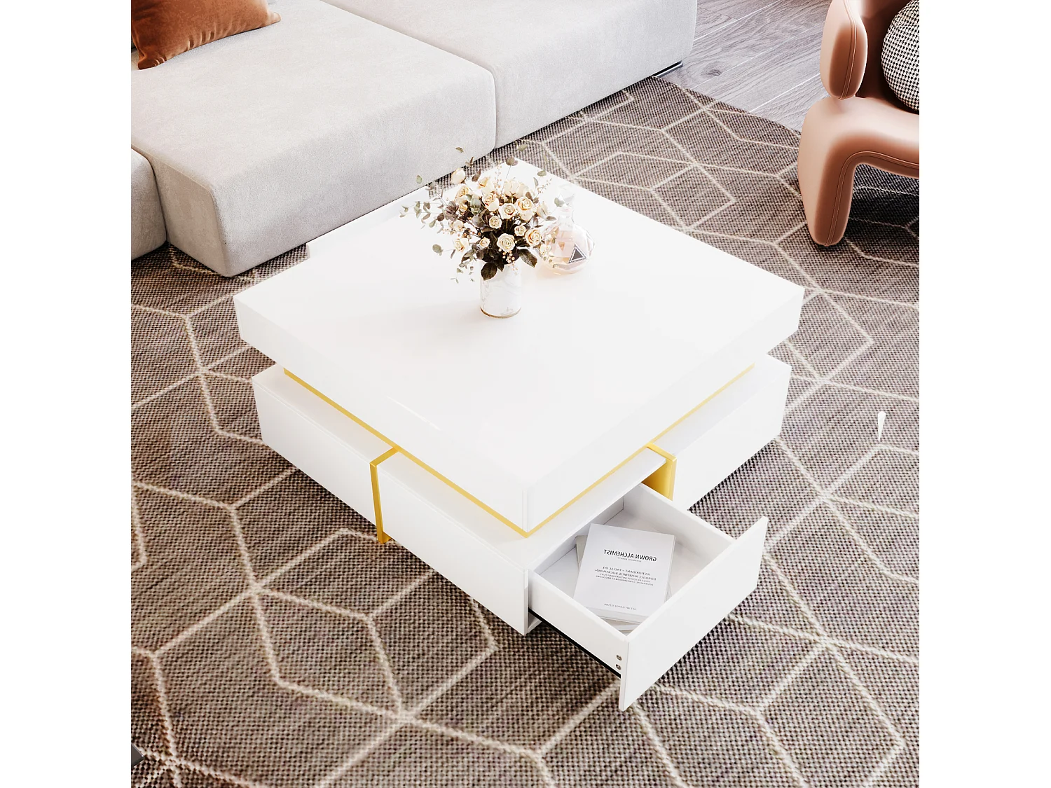 Table basse 70x70cmx35.5, table carré haute brillance avec tiroirs et accents dorés, blanc