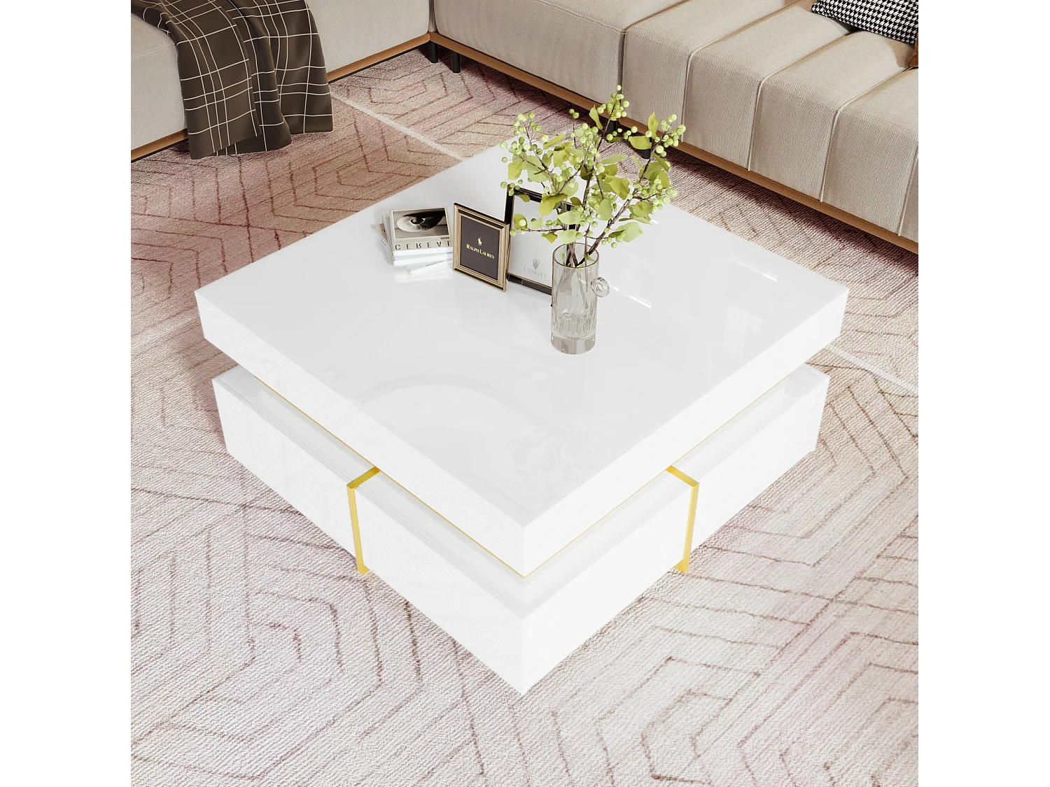 Table basse 70x70cmx35.5, table carré haute brillance avec tiroirs et accents dorés, blanc