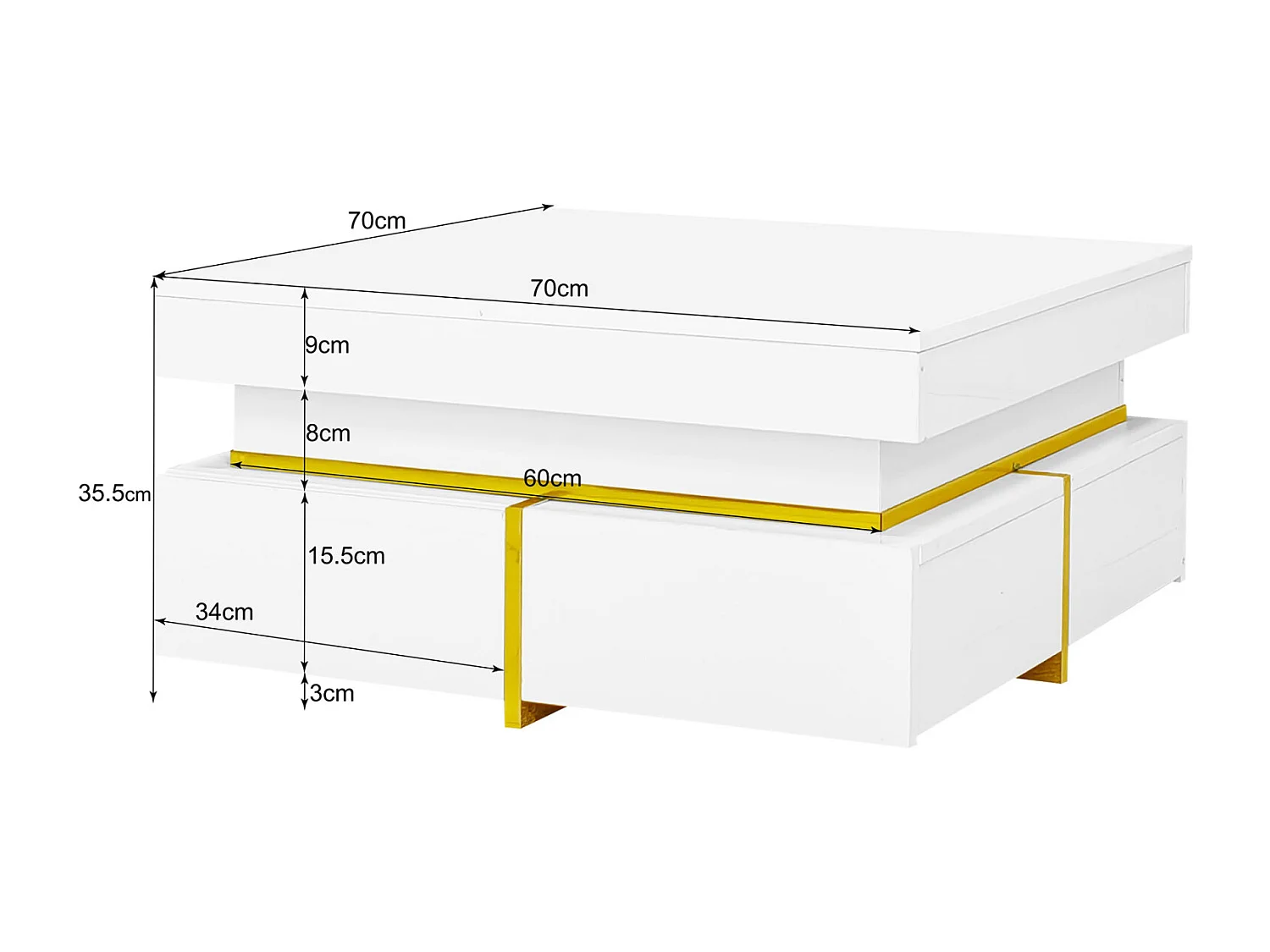 Table basse 70x70cmx35.5, table carré haute brillance avec tiroirs et accents dorés, blanc