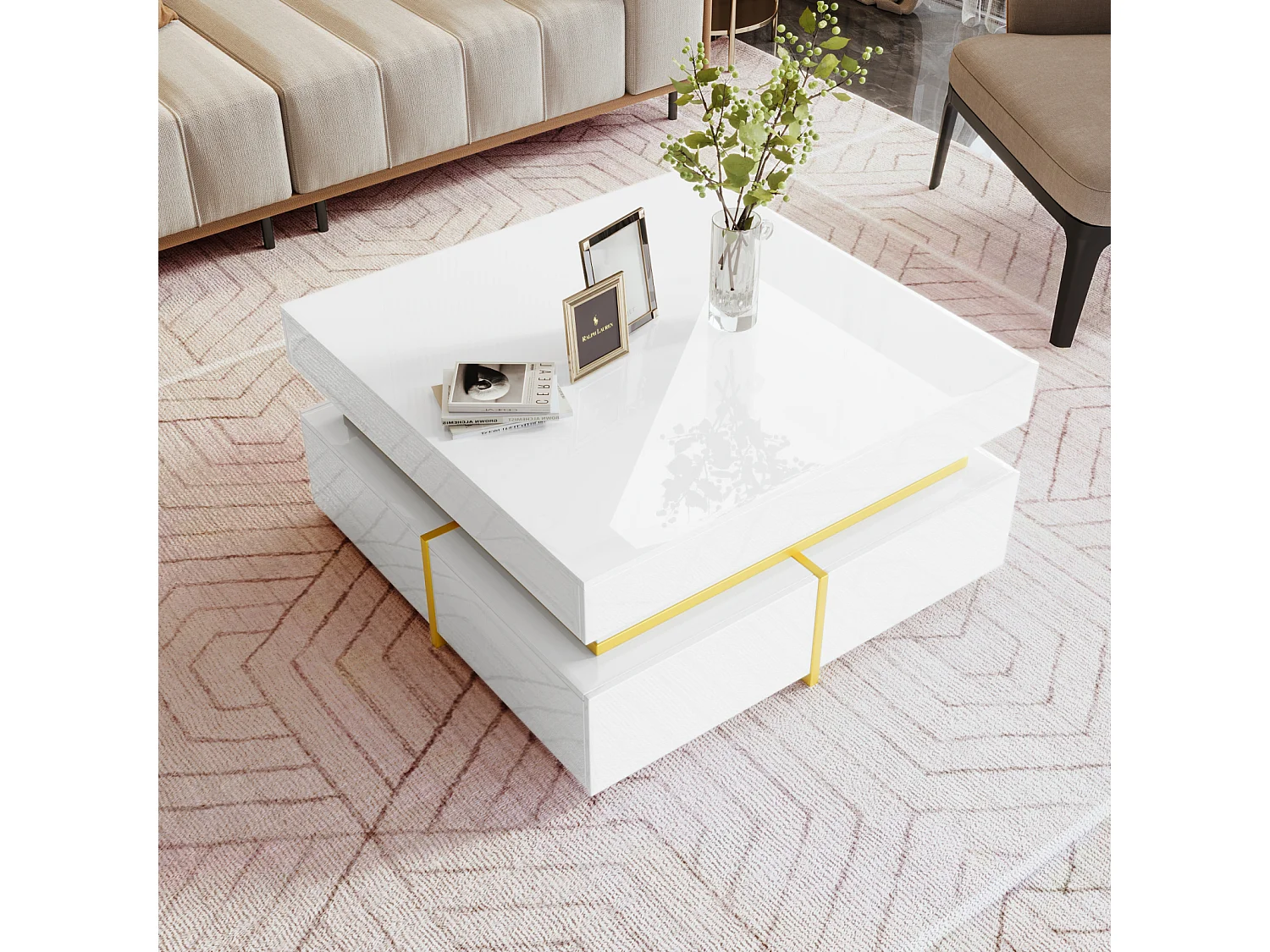 Table basse 70x70cmx35.5, table carré haute brillance avec tiroirs et accents dorés, blanc