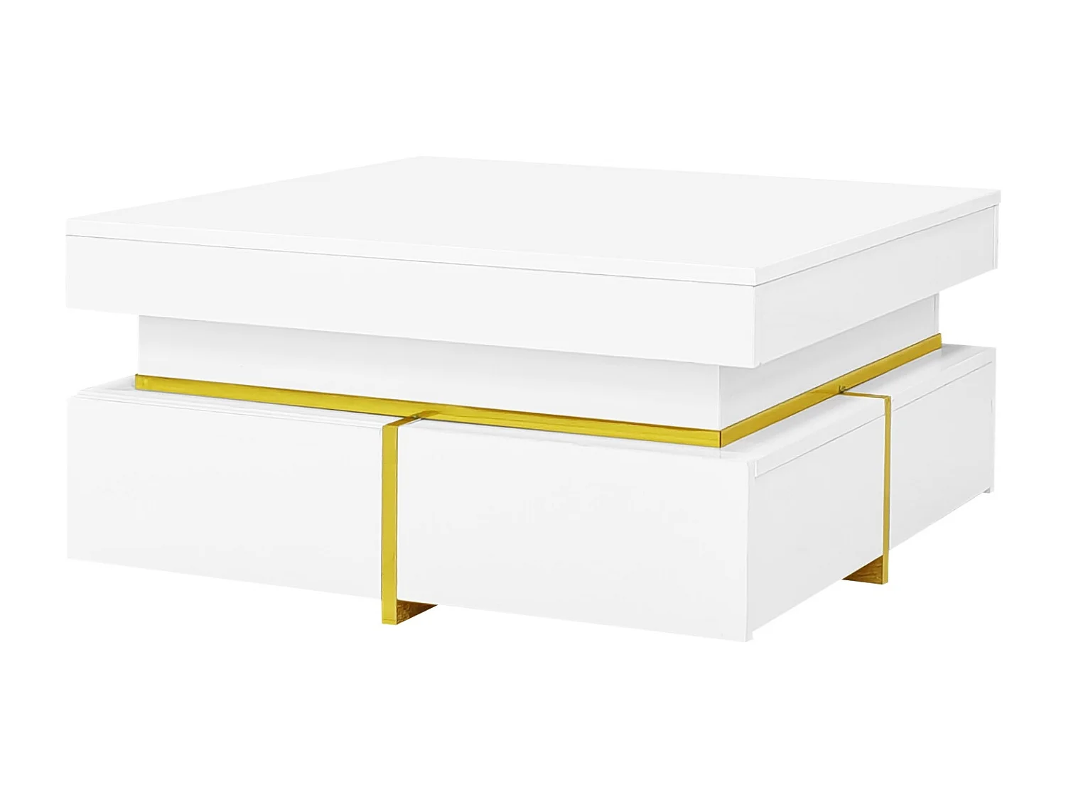 Table basse 70x70cmx35.5, table carré haute brillance avec tiroirs et accents dorés, blanc