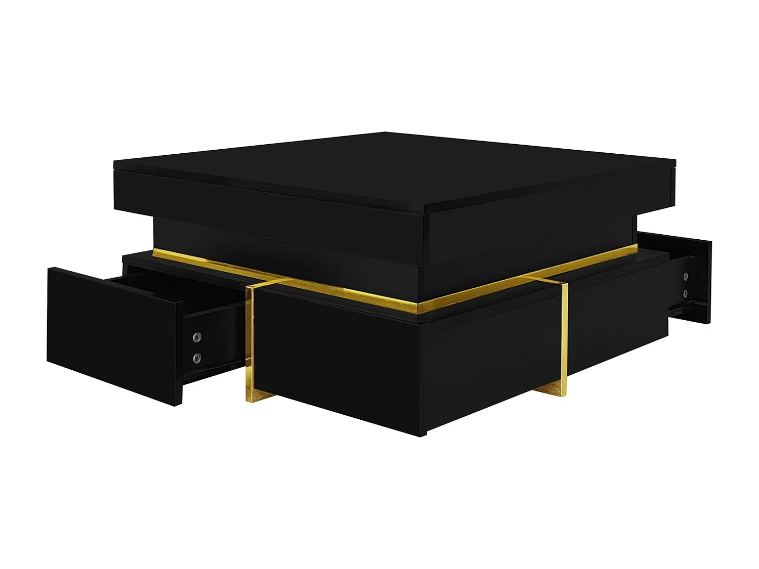 Mesa de centro 70x70cmx35,5, mesa quadrada alto brilho com gavetas e detalhes dourados, preta