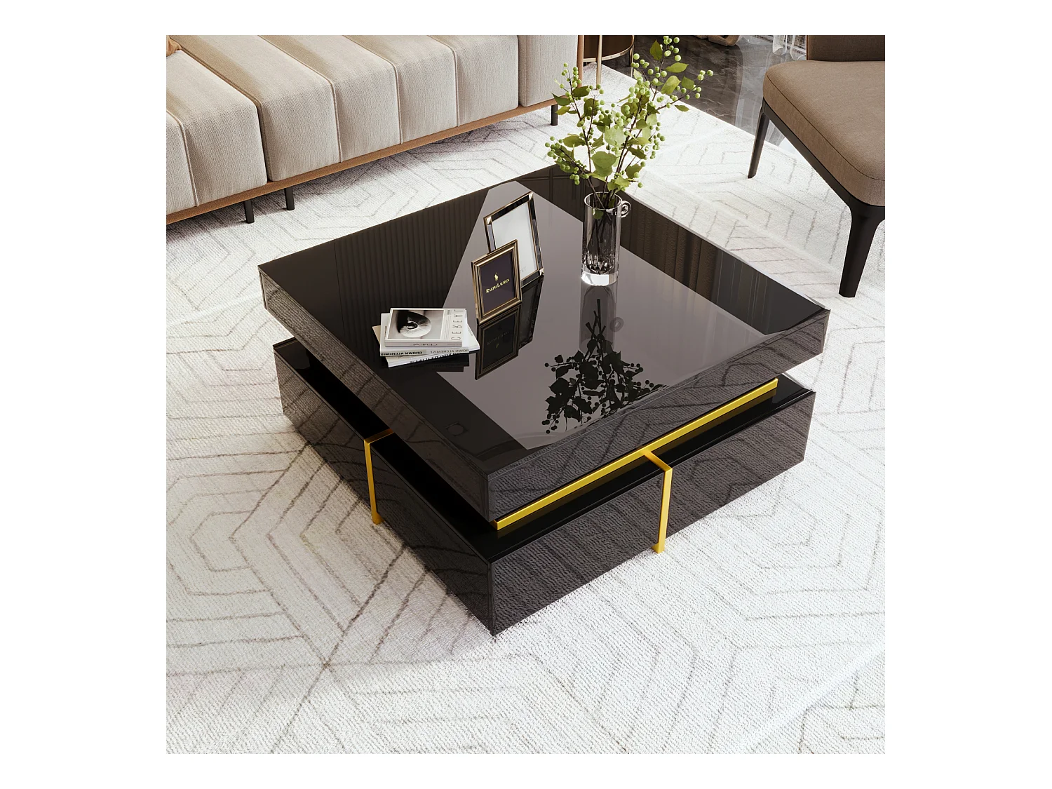Table basse 70x70cmx35.5, table carré haute brillance avec tiroirs et accents dorés, noir