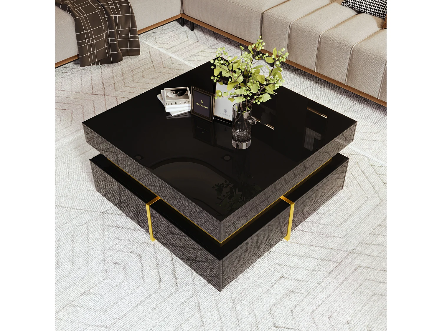 Table basse 70x70cmx35.5, table carré haute brillance avec tiroirs et accents dorés, noir