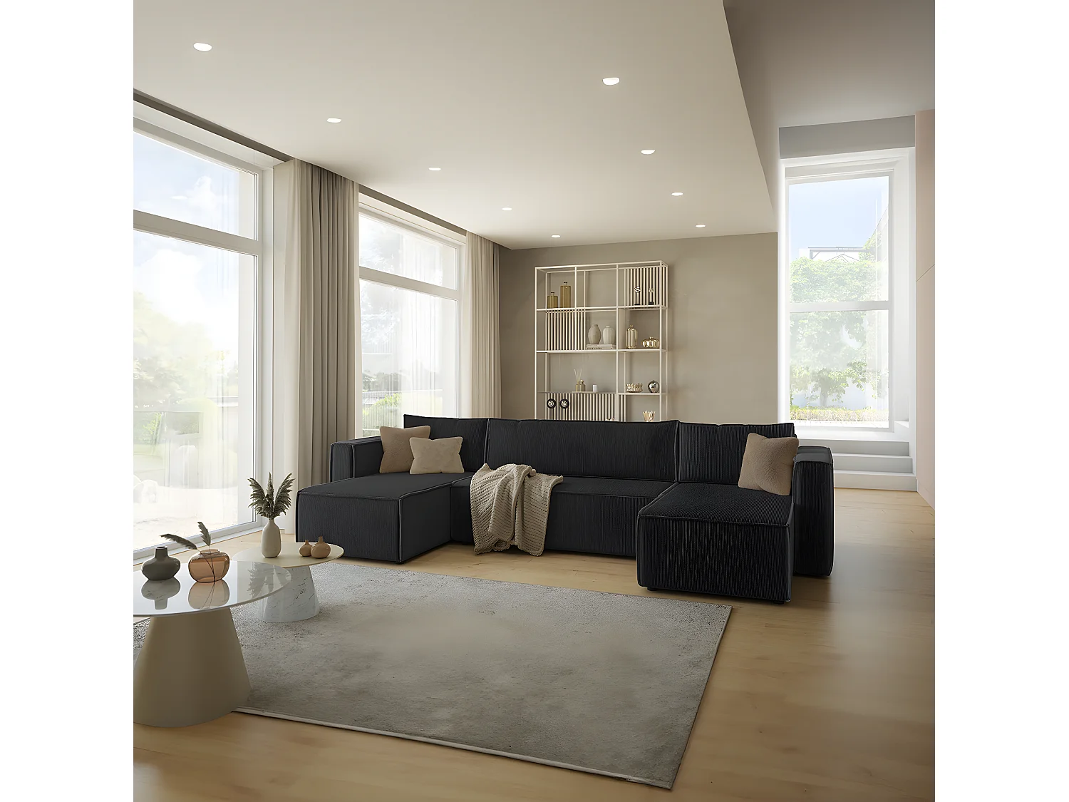 Canapé U 5 places convertible coffre Ezekiel velours côtelé Noir