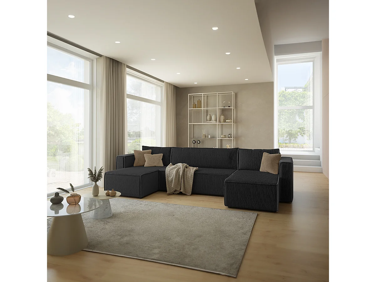 Canapé U 5 places convertible coffre Ezekiel velours côtelé Noir
