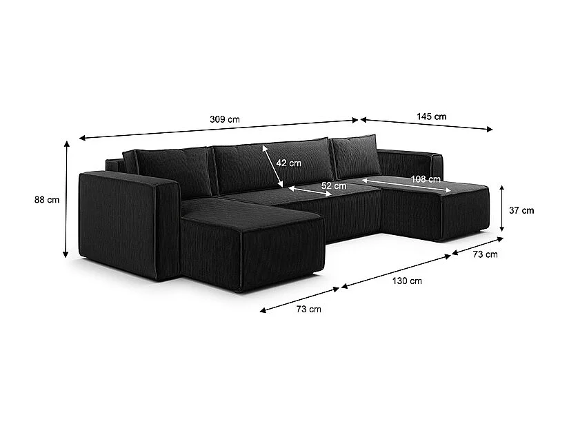 Canapé U 5 places convertible coffre Ezekiel velours côtelé Noir