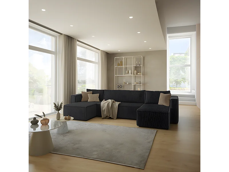 Canapé U 5 places convertible coffre Ezekiel velours côtelé Noir