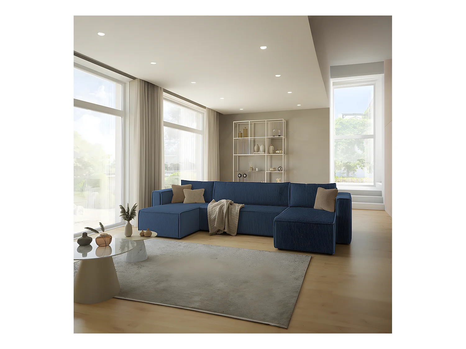 Canapé U 5 places convertible coffre Ezekiel velours côtelé Bleu