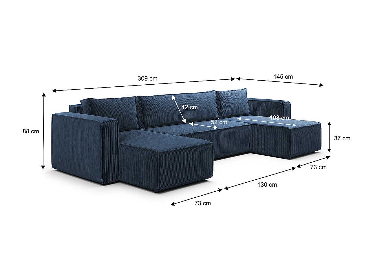 Canapé U 5 places convertible coffre Ezekiel velours côtelé Bleu