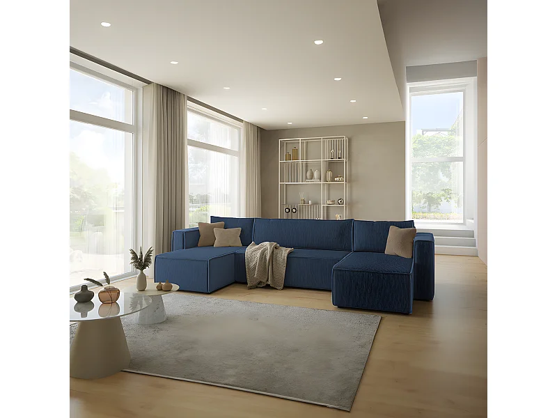 Canapé U 5 places convertible coffre Ezekiel velours côtelé Bleu