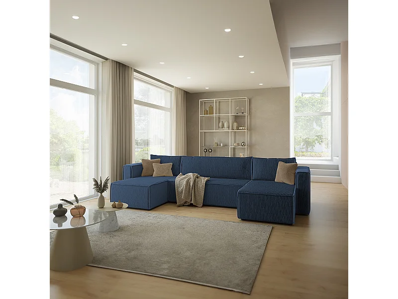 Canapé U 5 places convertible coffre Ezekiel velours côtelé Bleu