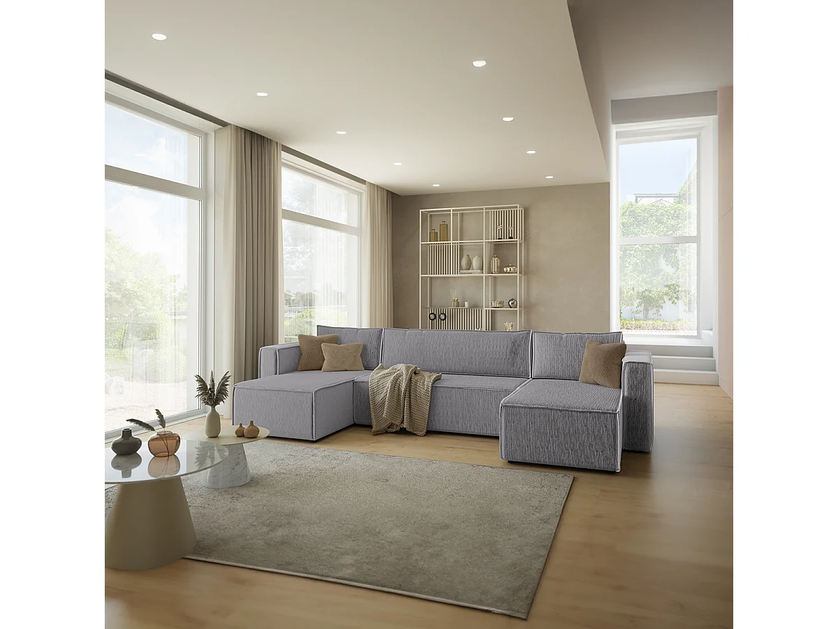 Canapé U 5 places convertible coffre Ezekiel velours côtelé Gris Clair
