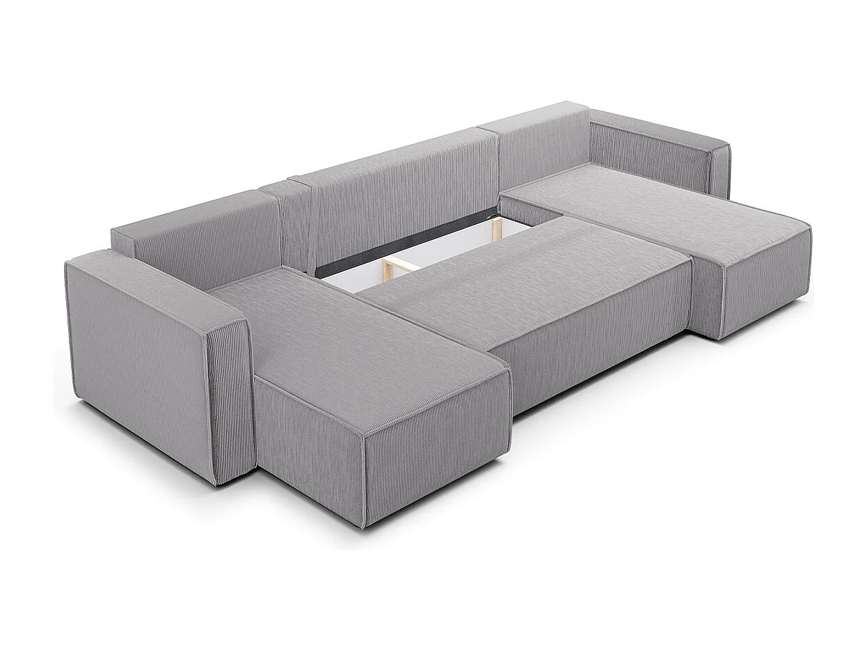 Canapé U 5 places convertible coffre Ezekiel velours côtelé Gris Clair