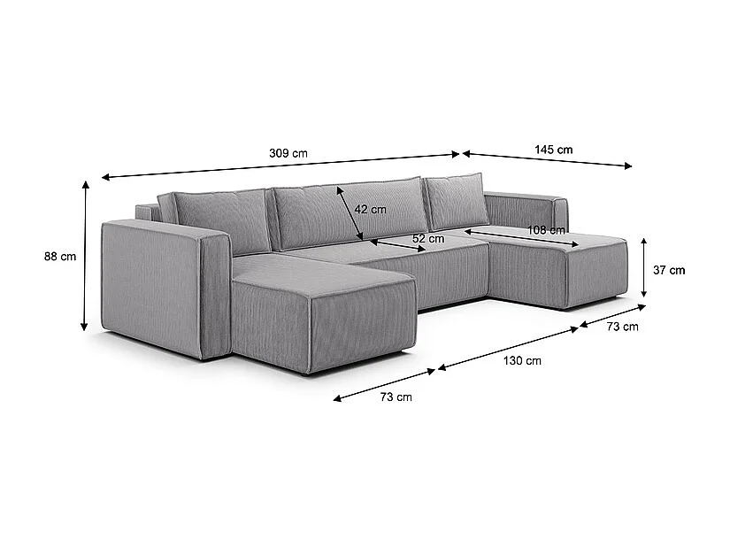 Canapé U 5 places convertible coffre Ezekiel velours côtelé Gris Clair