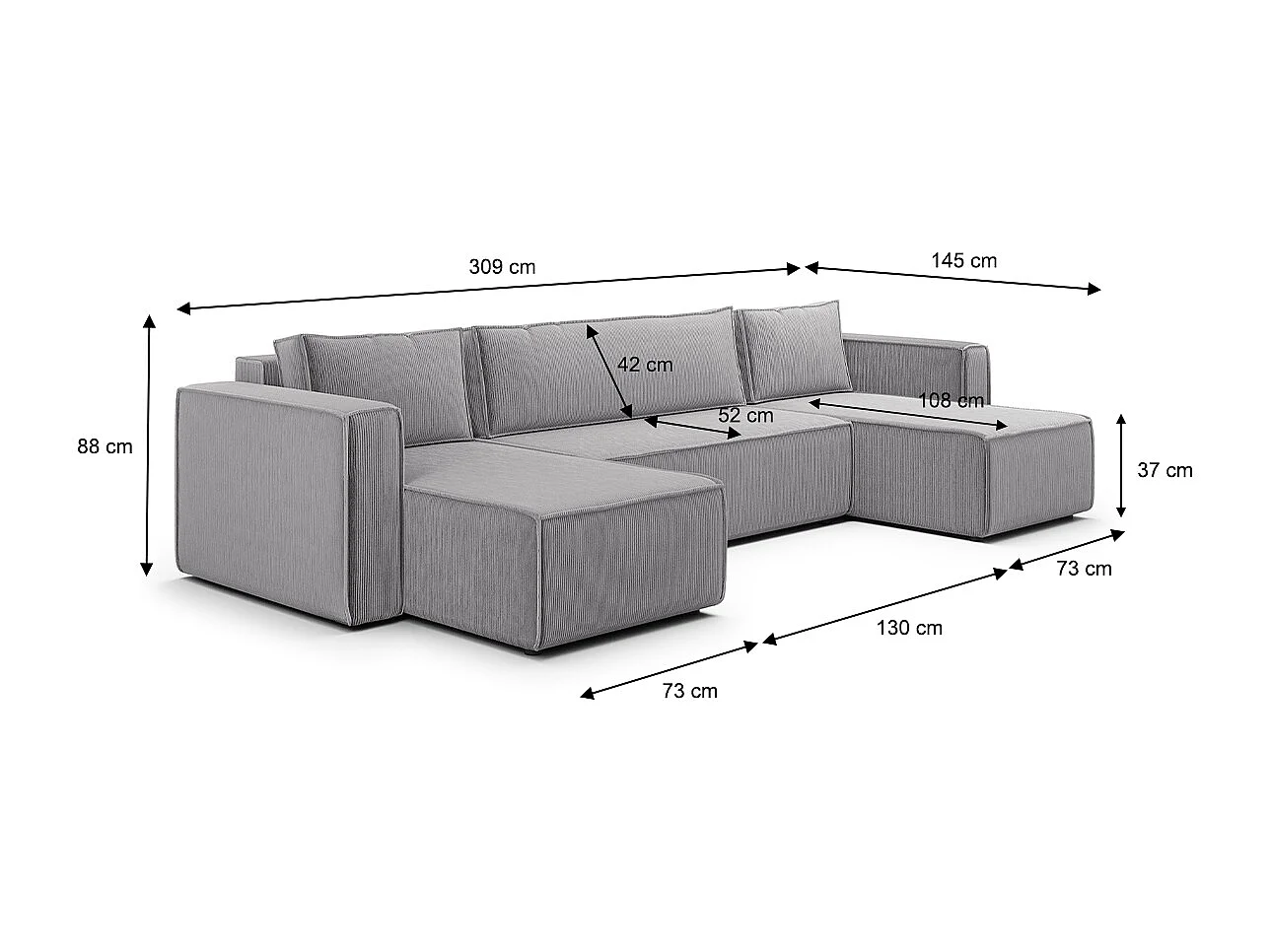 Canapé U 5 places convertible coffre Ezekiel velours côtelé Gris Clair