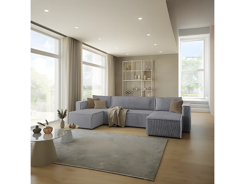 Canapé U 5 places convertible coffre Ezekiel velours côtelé Gris Clair