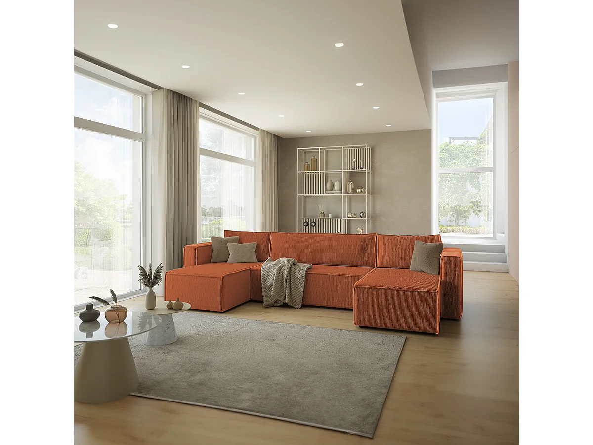 Canapé U 5 places convertible coffre Ezekiel velours côtelé Terracotta