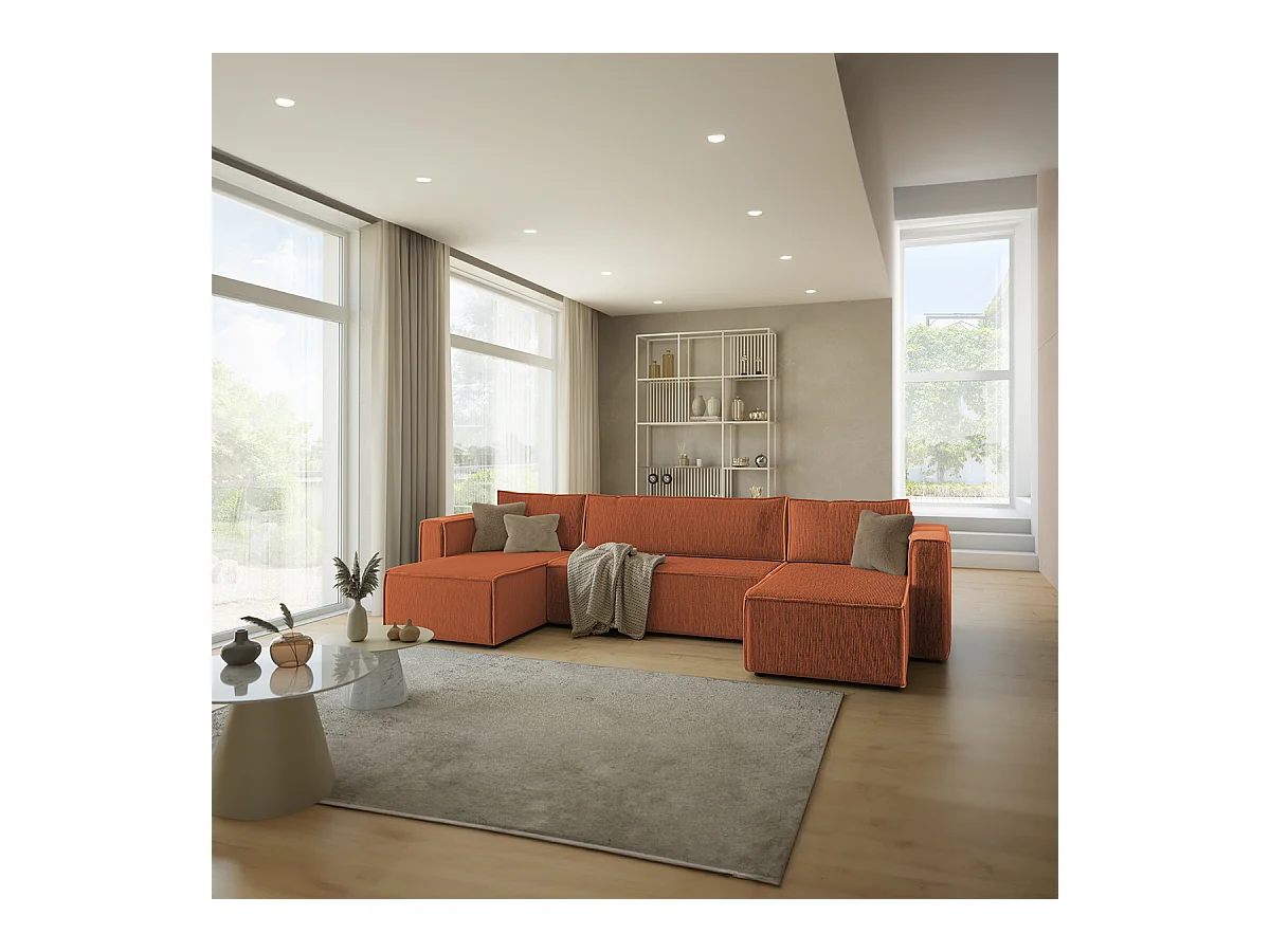 Canapé U 5 places convertible coffre Ezekiel velours côtelé Terracotta