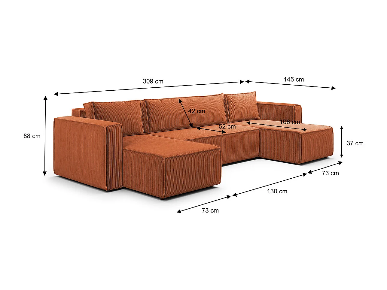 Canapé U 5 places convertible coffre Ezekiel velours côtelé Terracotta