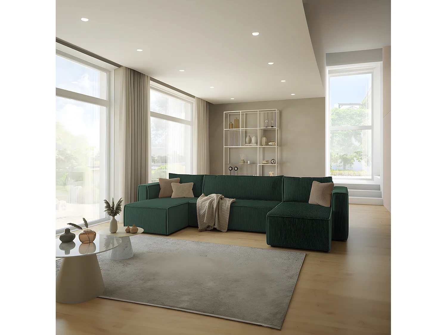 Canapé U 5 places convertible coffre Ezekiel velours côtelé Vert Sapin