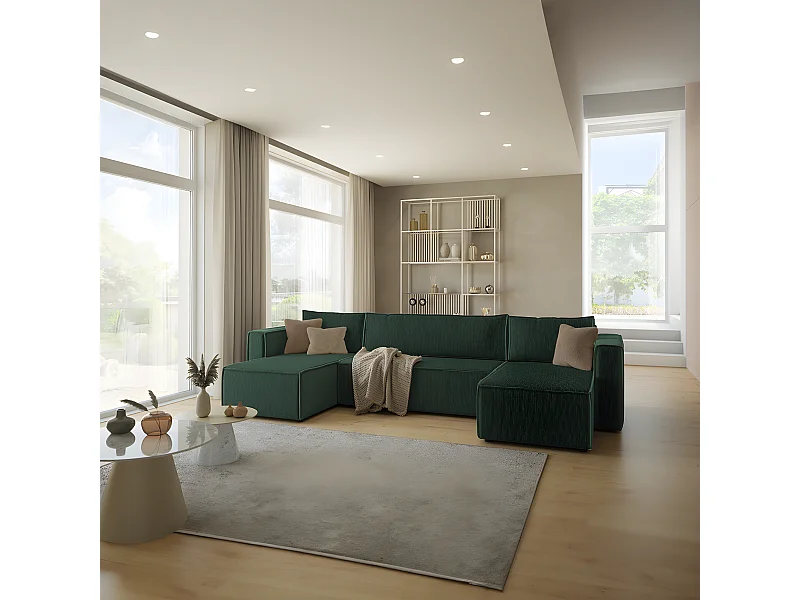 Canapé U 5 places convertible coffre Ezekiel velours côtelé Vert Sapin