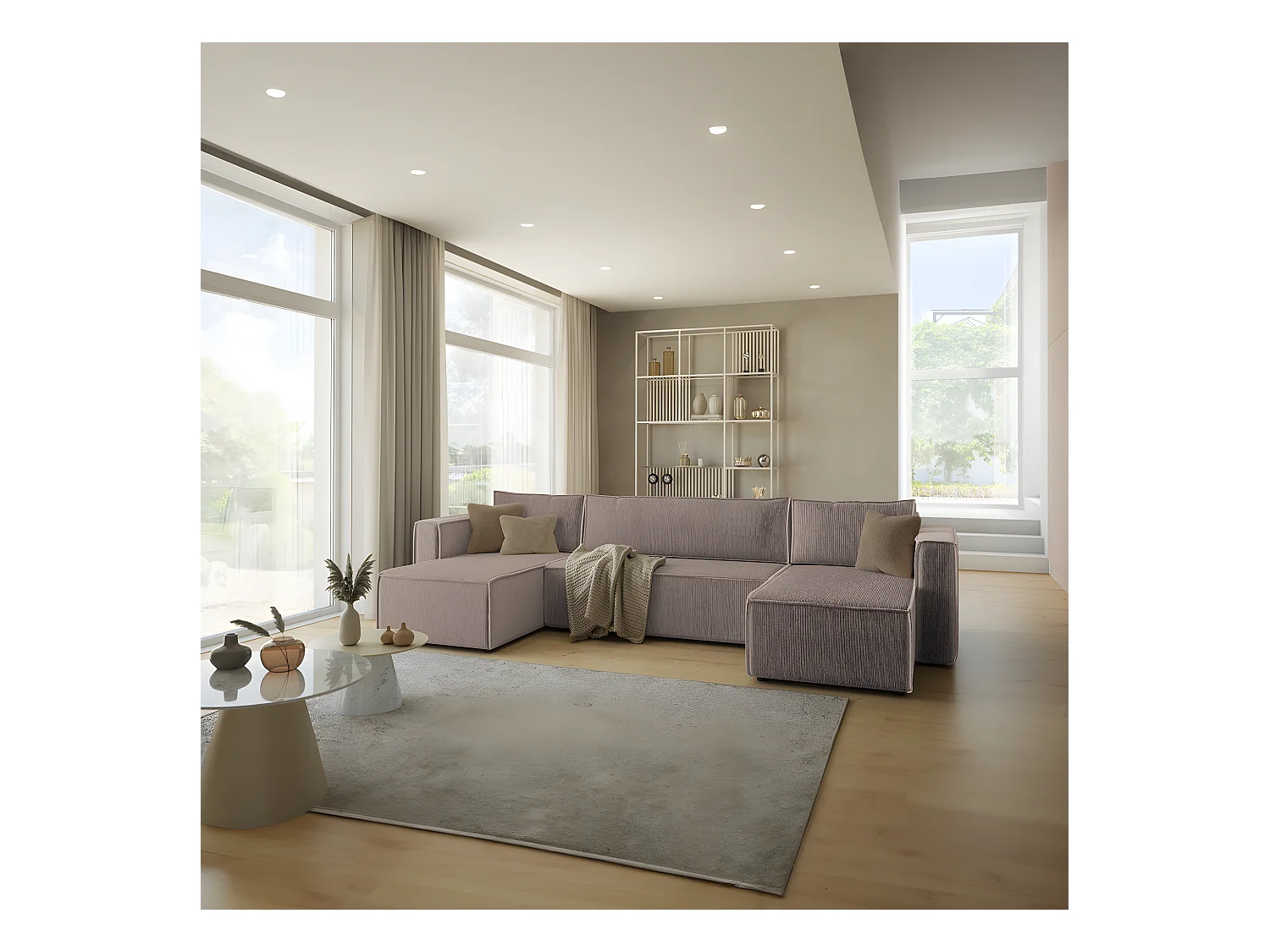 Canapé U 5 places convertible coffre Ezekiel velours côtelé Taupe