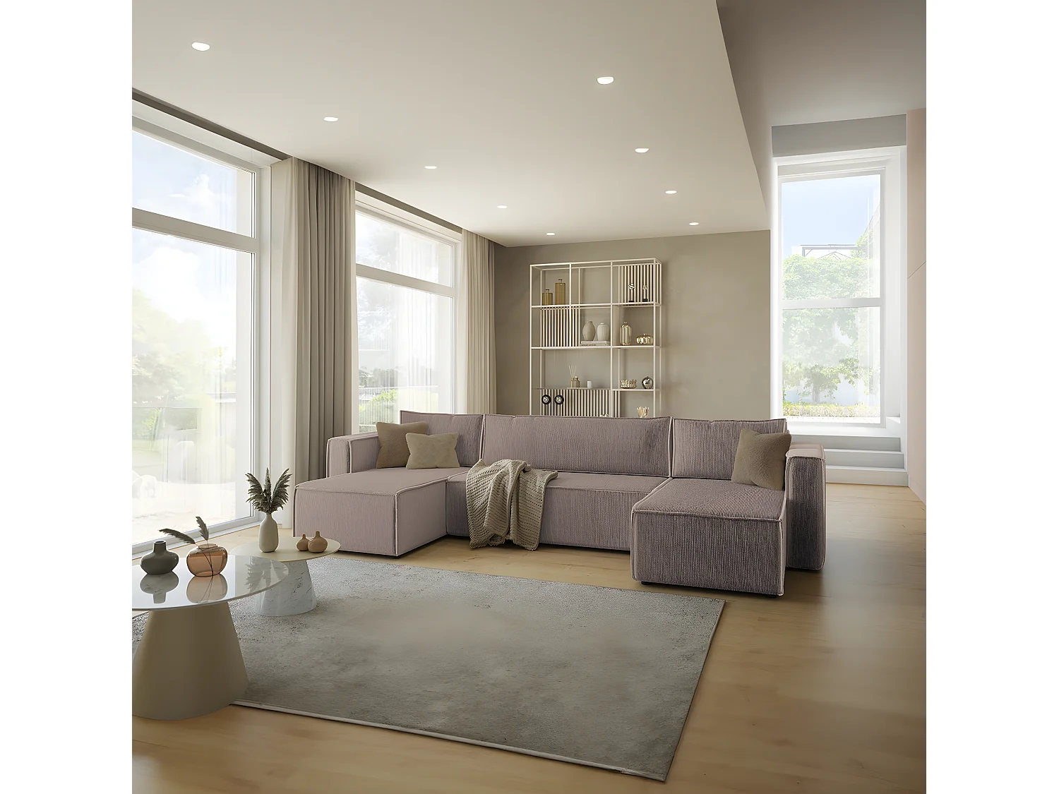 Canapé U 5 places convertible coffre Ezekiel velours côtelé Taupe