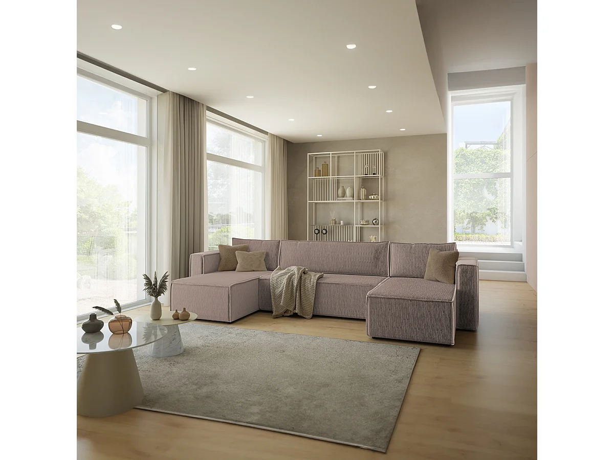 Canapé U 5 places convertible coffre Ezekiel velours côtelé Taupe