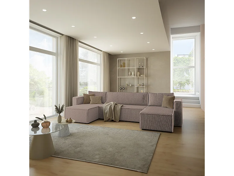 Canapé U 5 places convertible coffre Ezekiel velours côtelé Taupe