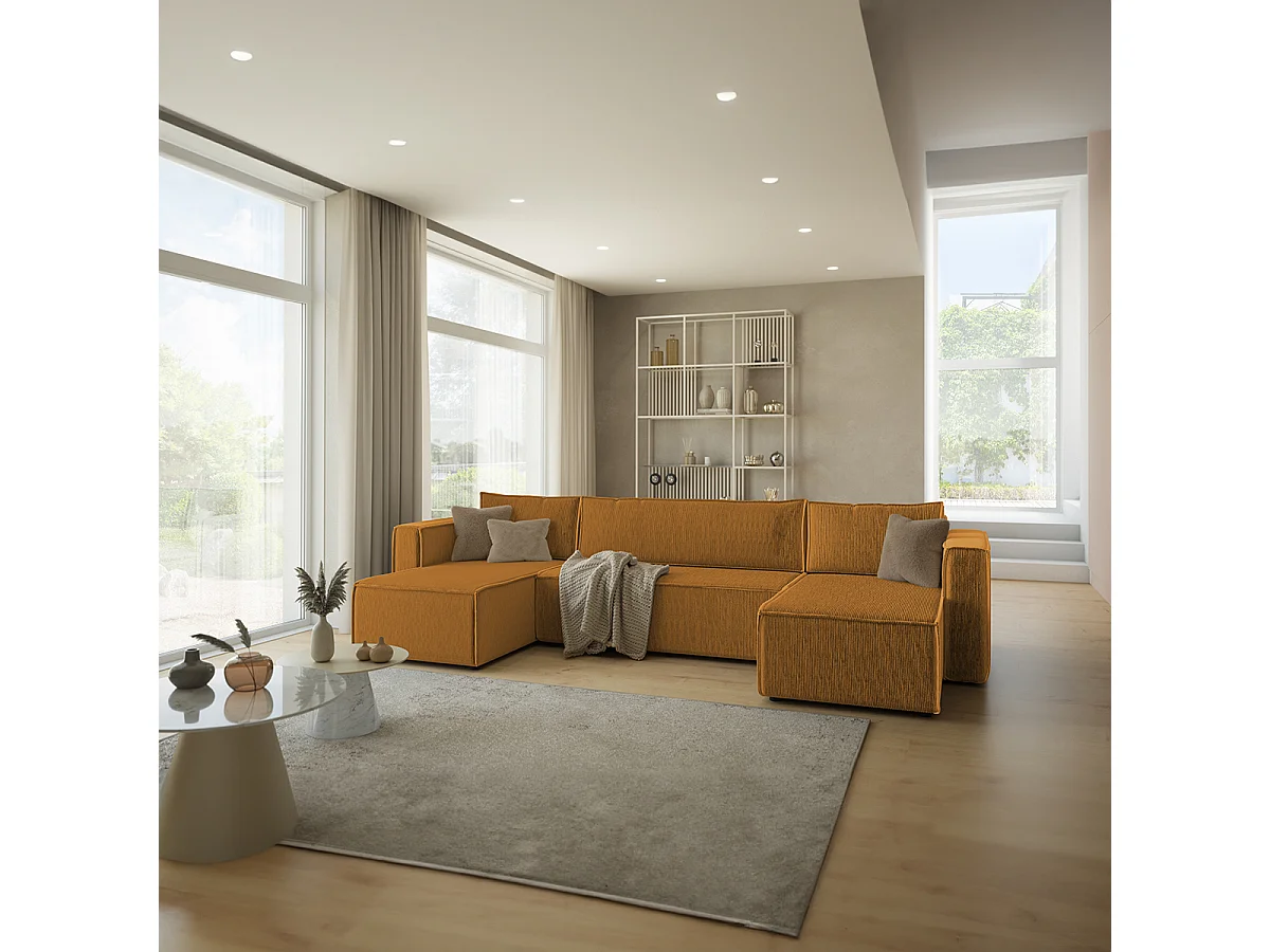 Canapé U 5 places convertible coffre Ezekiel velours côtelé Jaune