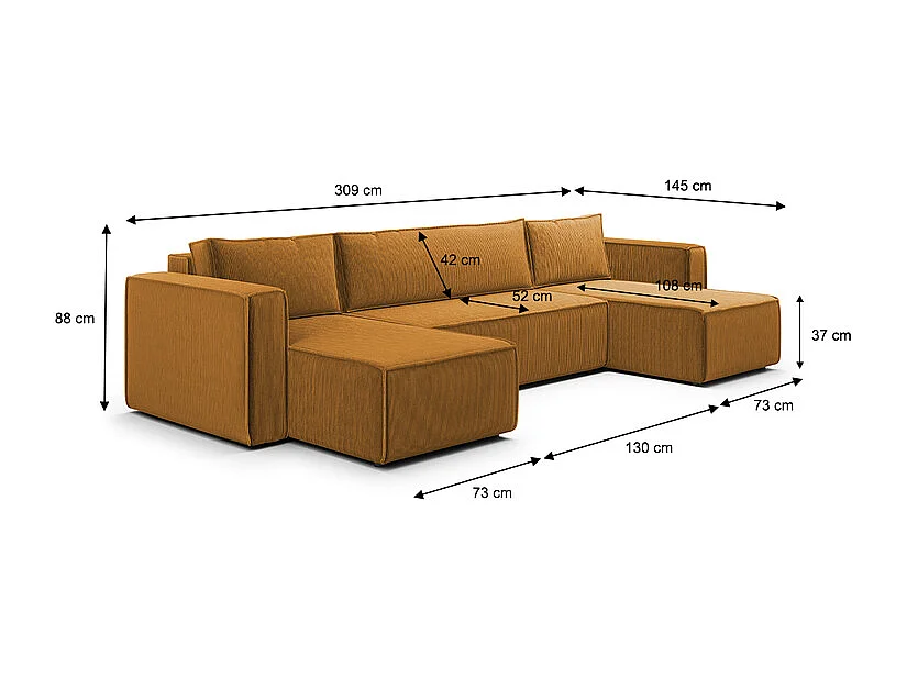 Canapé U 5 places convertible coffre Ezekiel velours côtelé Jaune