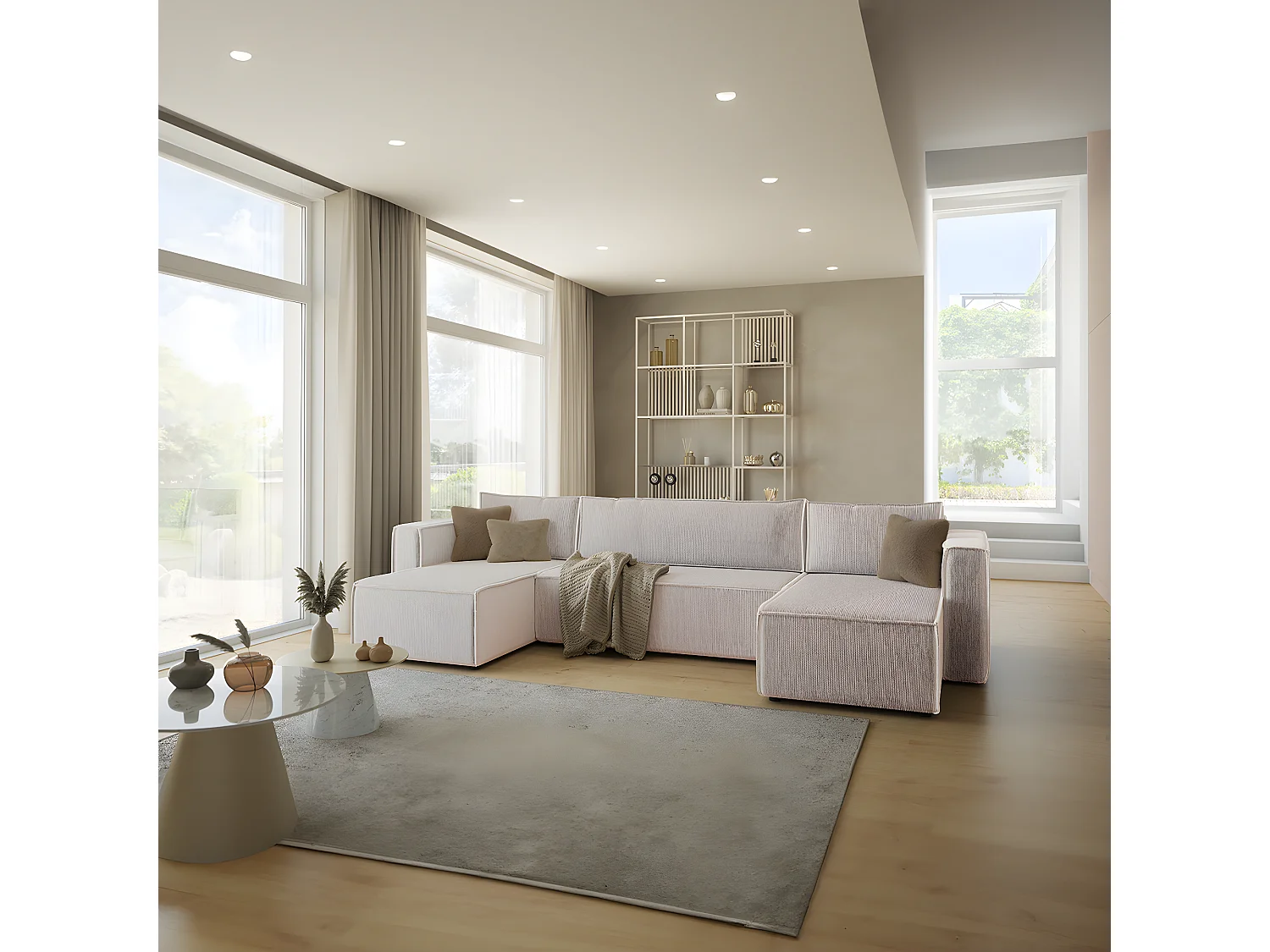 Canapé U 5 places convertible coffre Ezekiel velours côtelé Blanc Cassé