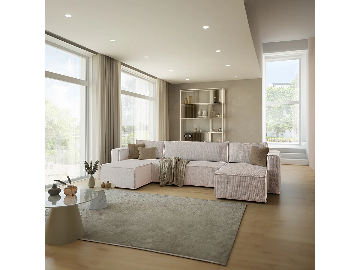 Canapé U 5 places convertible coffre Ezekiel velours côtelé Blanc Cassé