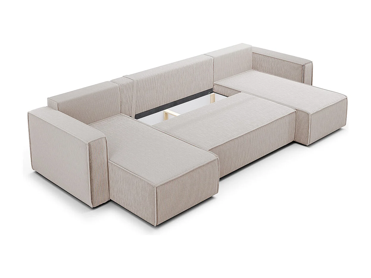 Canapé U 5 places convertible coffre Ezekiel velours côtelé Blanc Cassé