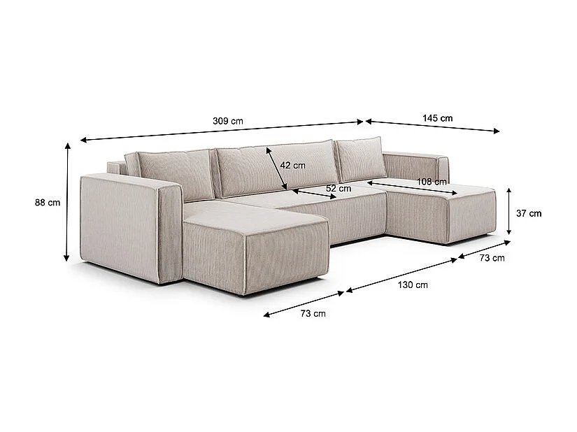 Canapé U 5 places convertible coffre Ezekiel velours côtelé Blanc Cassé