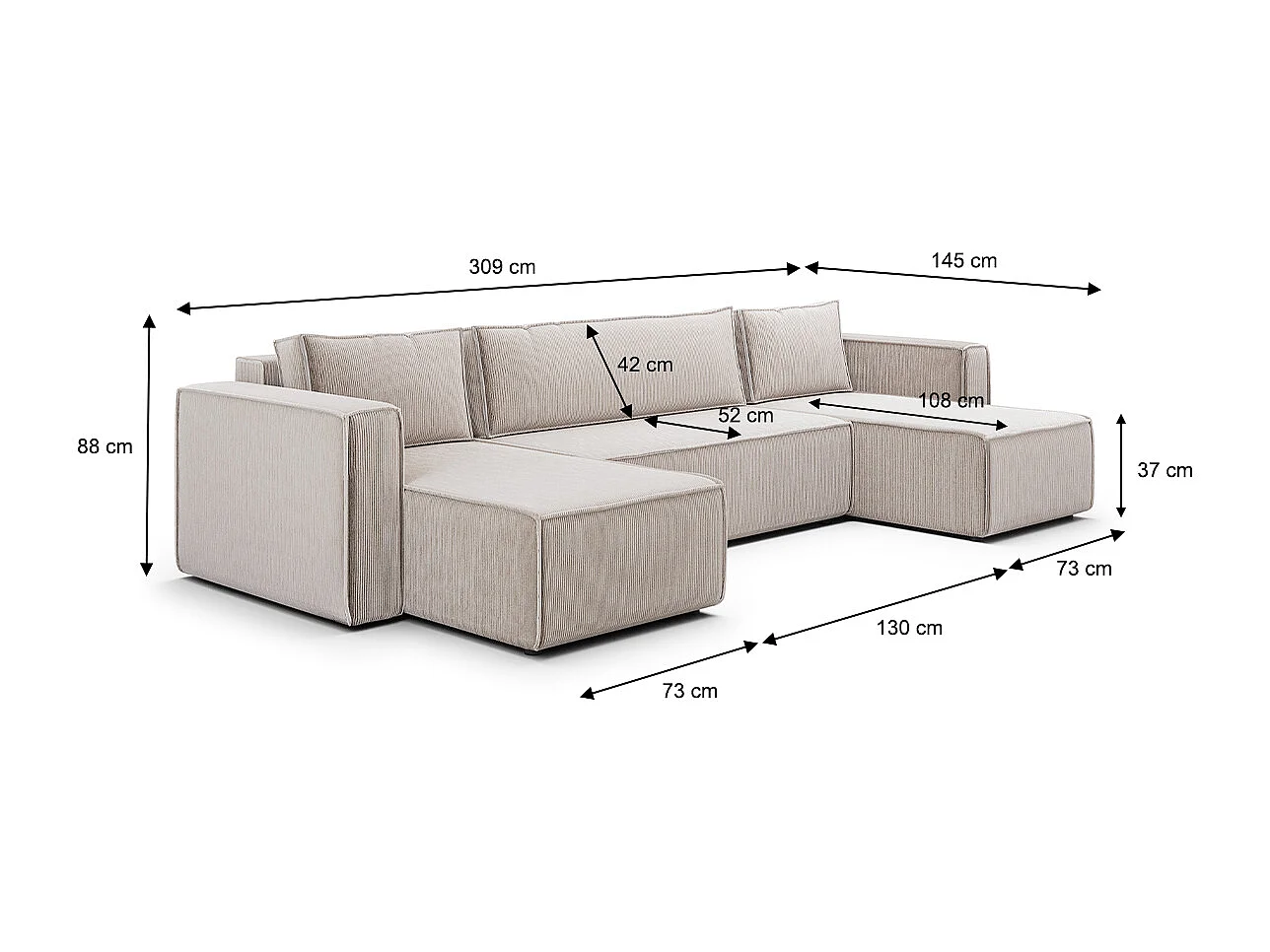 Canapé U 5 places convertible coffre Ezekiel velours côtelé Blanc Cassé