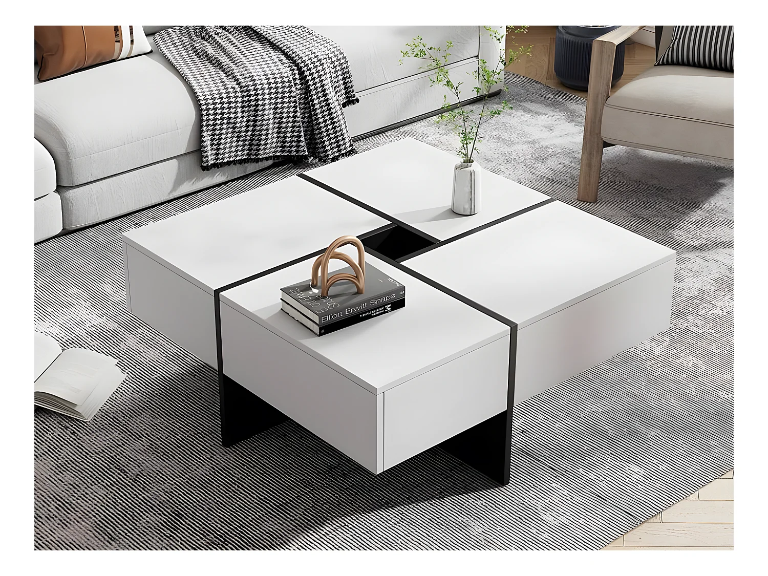 Table basse carré - avec rangement central 10x10cm - Blanc