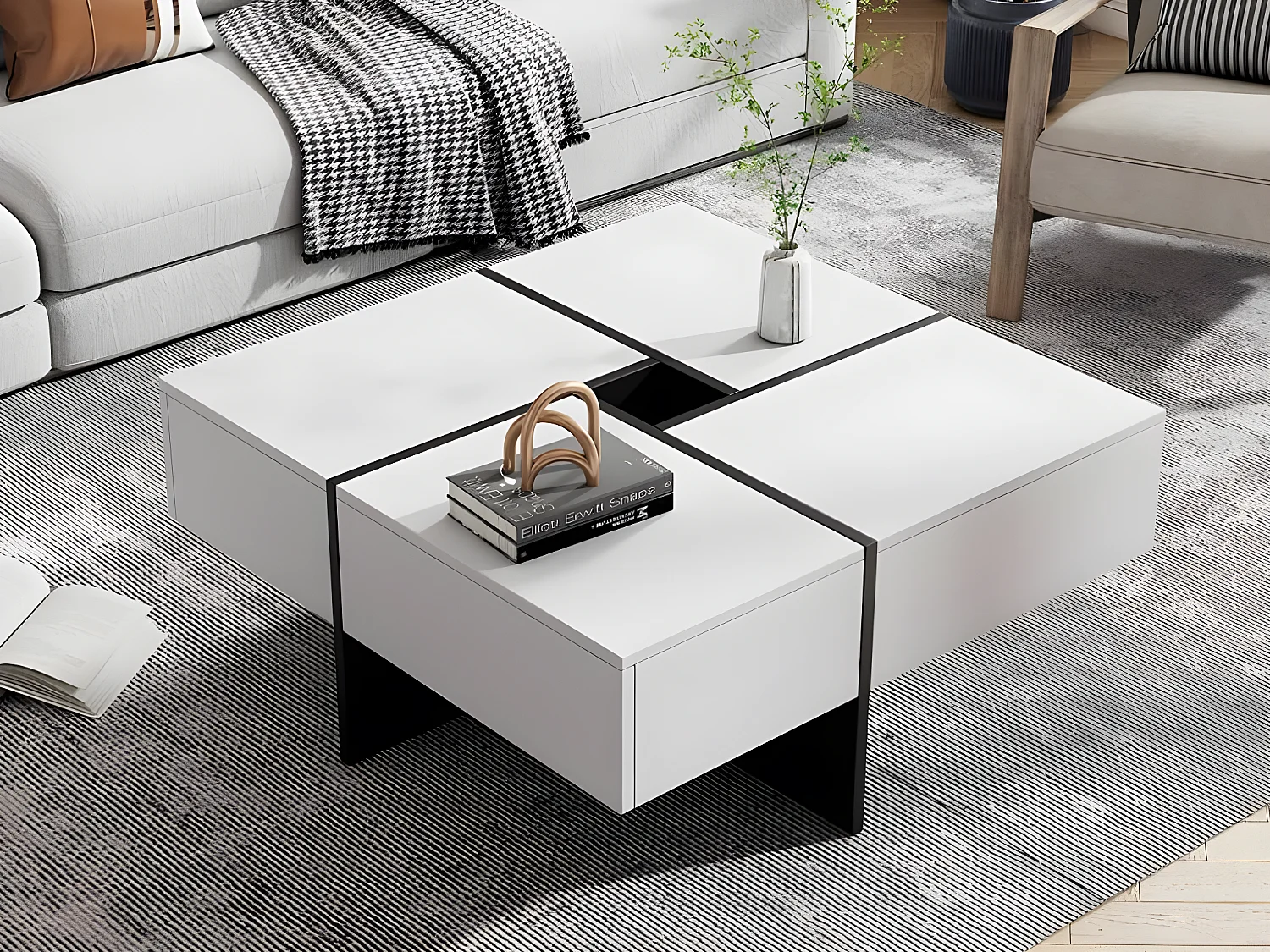 Table basse carré - avec rangement central 10x10cm - Blanc