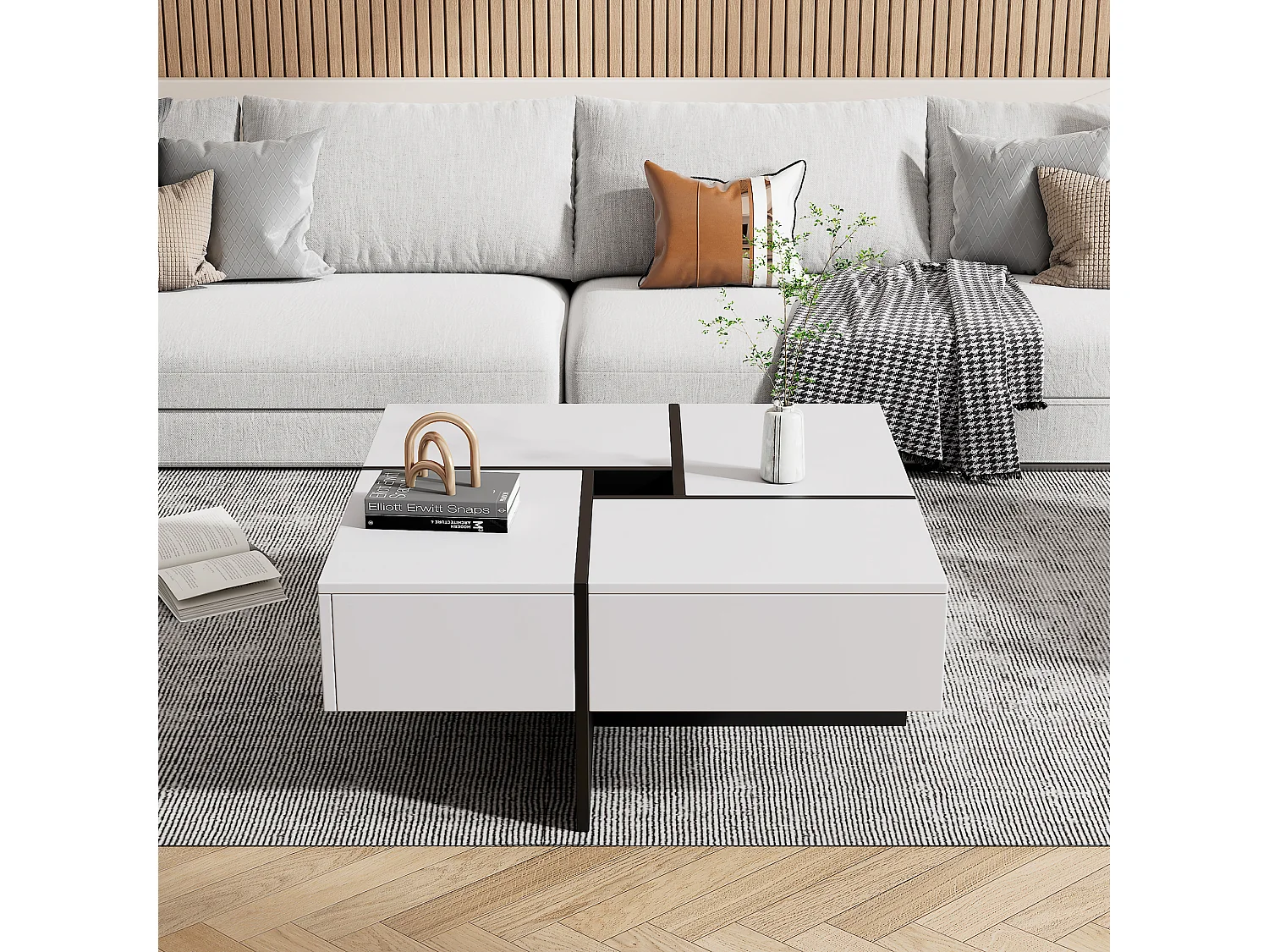 Table basse carré - avec rangement central 10x10cm - Blanc