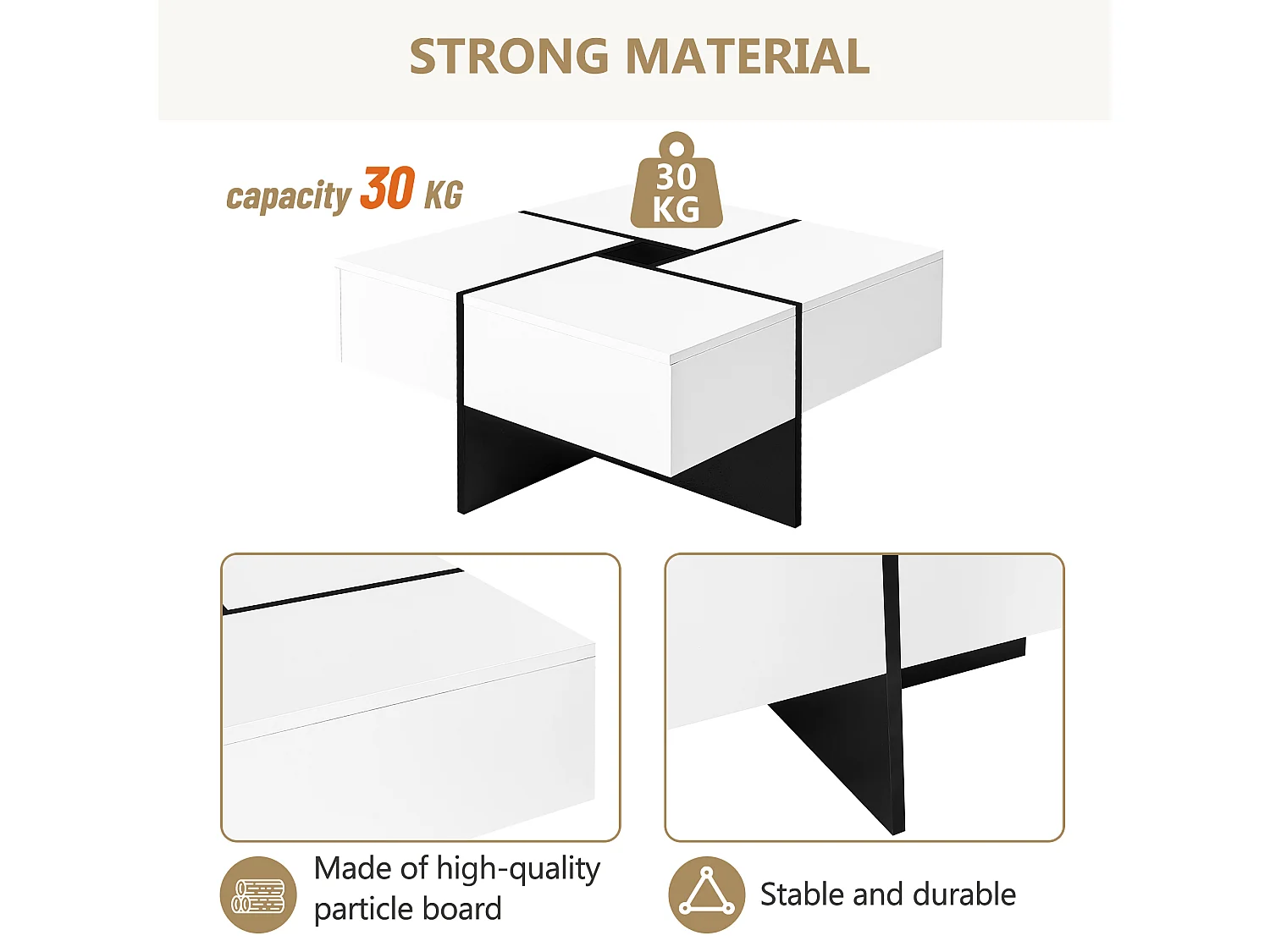 Table basse carré - avec rangement central 10x10cm - Blanc